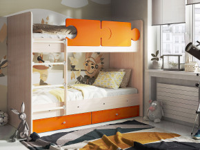 Кровать двухъярусная Тетрис латы с бортиками дуб млечный-оранжевый в Соликамске - solikamsk.magazinmebel.ru | фото
